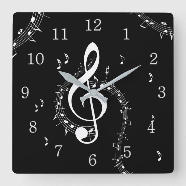 Climactic G Clef White Music on Black  Square Wall Clock (Front)