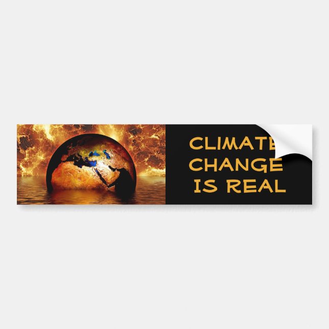 "Climate Change is Real' with Burning Earth. Bumper Sticker (Front)