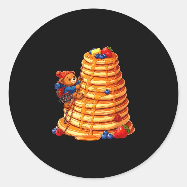 Climbing bear on giant pancake stack breakfast  classic round sticker (Front)
