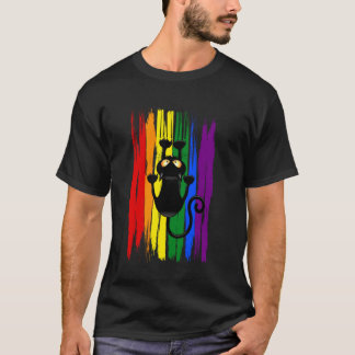 Climbing Black Cat on Rainbow Funny LGBTQ+ Pride T-Shirt
