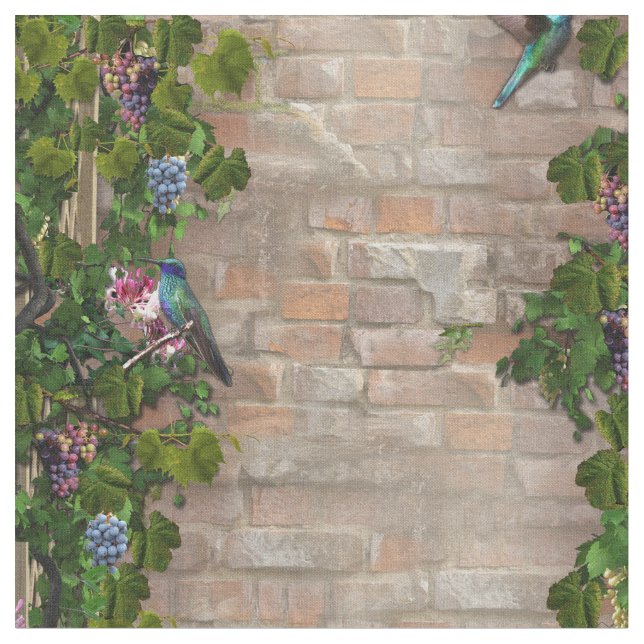Climbing Grapevines, honeysuckles & Brick Wall Fabric (Close Up)