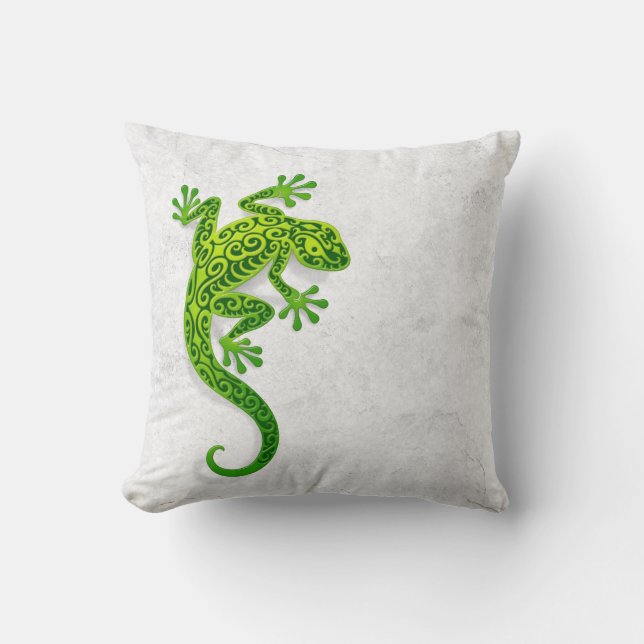 Climbing Green Gecko on a White Wall Cushion (Front)