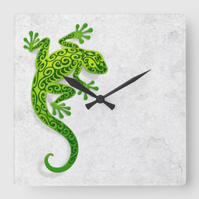 Climbing Green Gecko on a White Wall Square Wall Clock (Front)