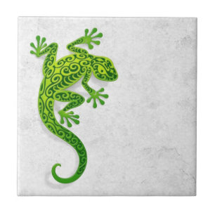 Climbing Green Gecko on a White Wall Tile