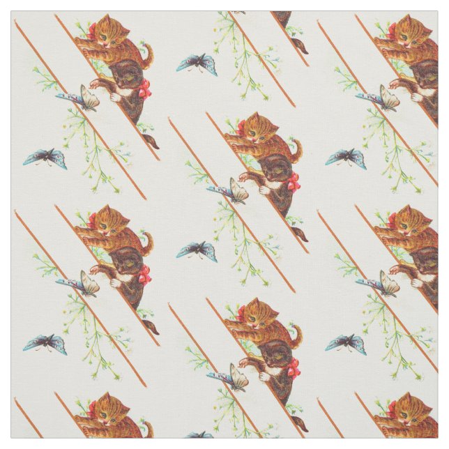 climbing kittens and butterflies print fabric (Swatch)
