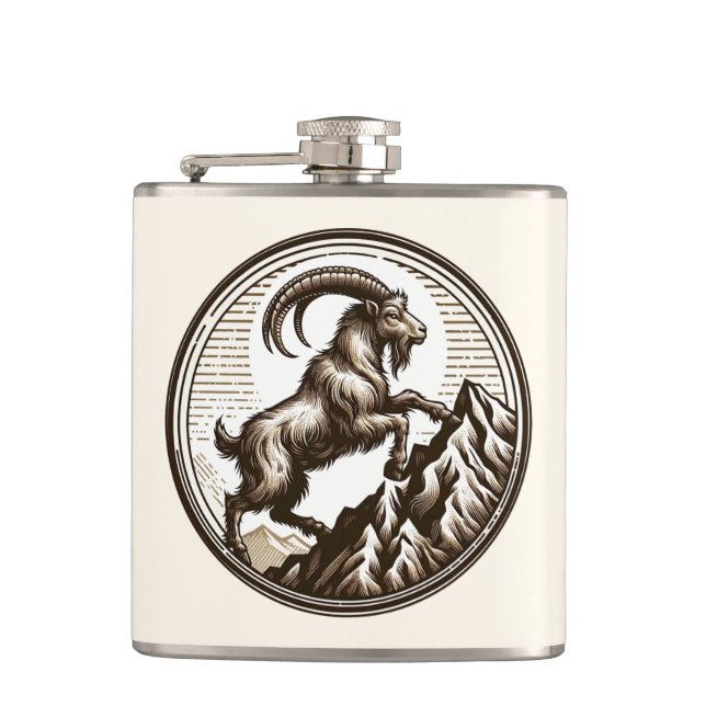 Climbing Mountain Goat Capricorn Birthday Zodiac Hip Flask (Front)