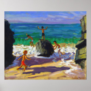 climbing rocks Porthmeor beach St Ives 2013 Poster