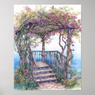 Climbing Rose Arbor in Ocean Watercolor Poster