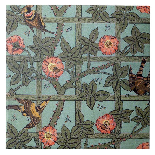 Climbing Rose & Small Bird, William Morris Ceramic Tile (Front)
