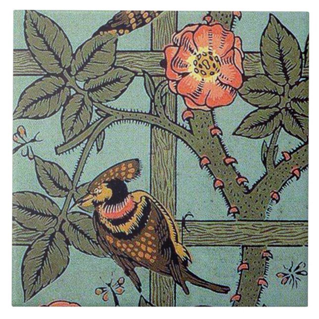 Climbing Rose & Small Bird, William Morris Ceramic Tile (Front)