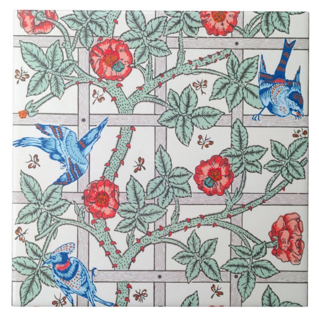 Climbing Rose & Small Bird, William Morris Ceramic Tile (Front)
