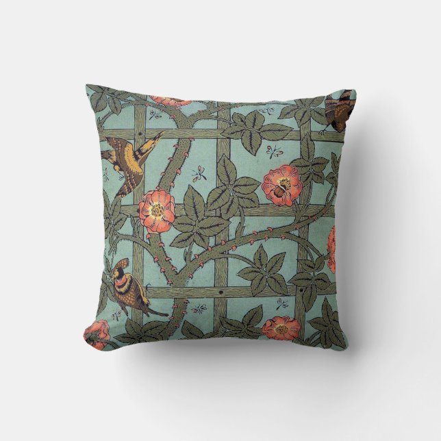 Climbing Rose & Small Bird, William Morris Cushion (Front)