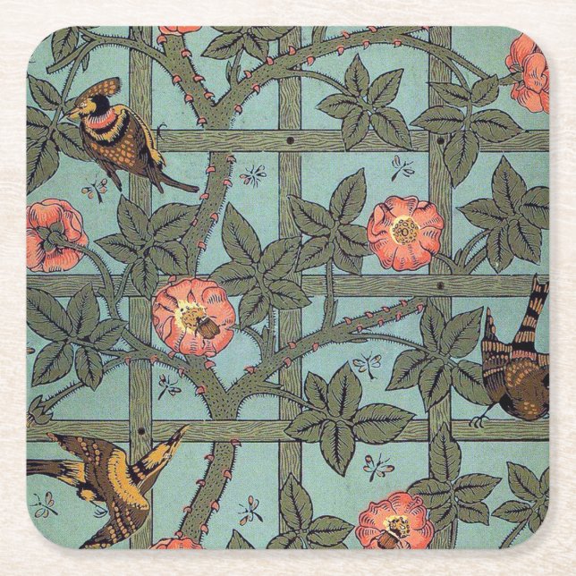 Climbing Rose & Small Bird, William Morris Square Paper Coaster (Front)
