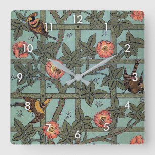 Climbing Rose & Small Bird, William Morris Square Wall Clock