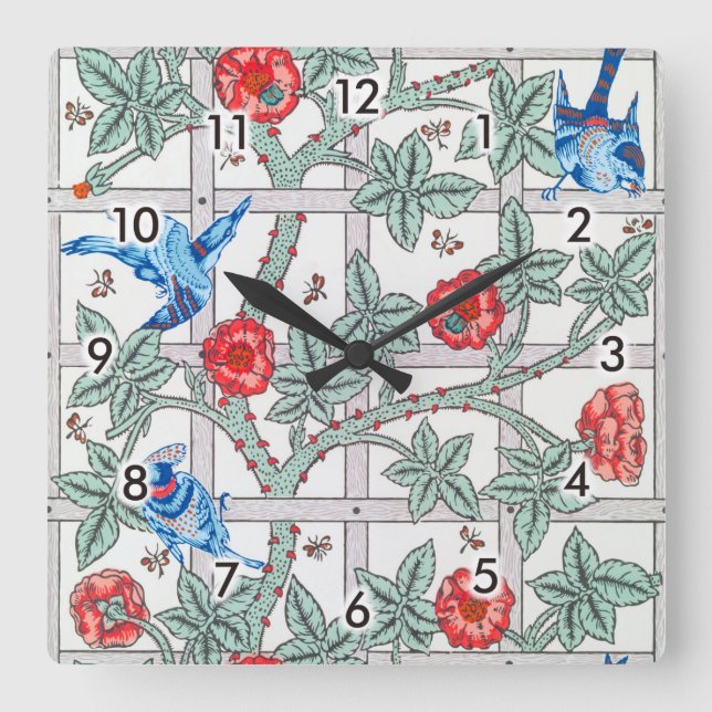 Climbing Rose & Small Bird, William Morris Square Wall Clock (Front)