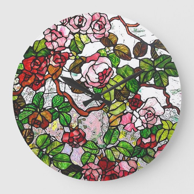 Climbing Roses - stained glass Large Clock (Front)
