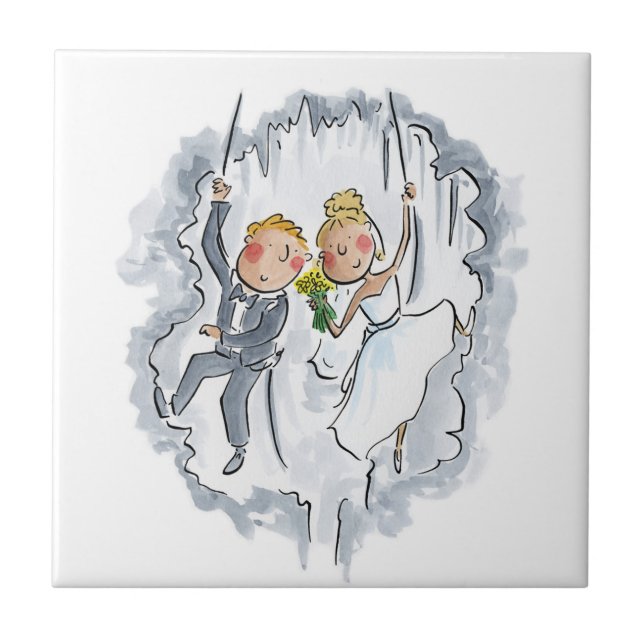 Climbing Wedding Couple Ceramic Tile (Front)