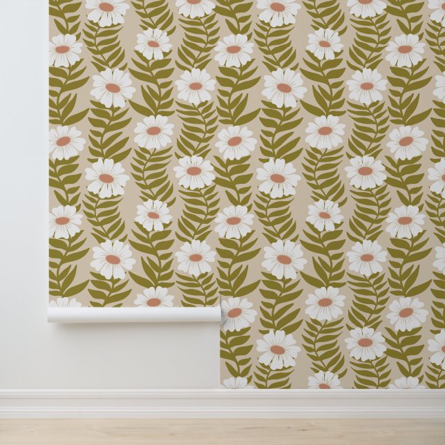 Climbing White Wavy Flower Stripe Wallpaper (Application)