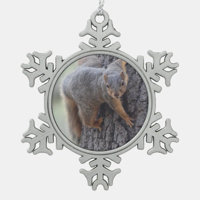 Clinging Squirrel Snowflake Pewter Christmas Ornament (Front)