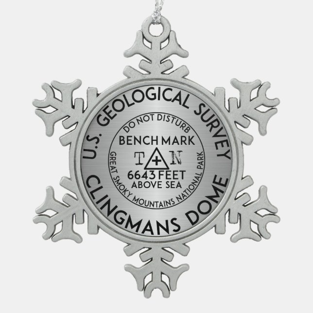 Clingmans Dome Benchmark Tennessee Great Smoky Snowflake Pewter Christmas Ornament (Front)