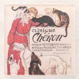 Clinique Cheron Vintage Dog Cat Steinlen Poster Glass Coaster