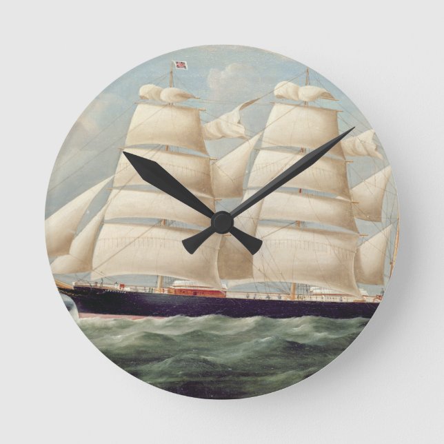 Clipper Barque 'Clendovey' (oil on canvas) Round Clock (Front)