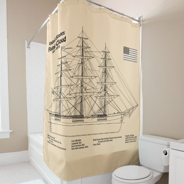 Clipper Ship Flying Cloud - Ship Blueprint SD Shower Curtain (Clipper Ship Flying Cloud - Ship Blueprint SD. Shower Curtain)