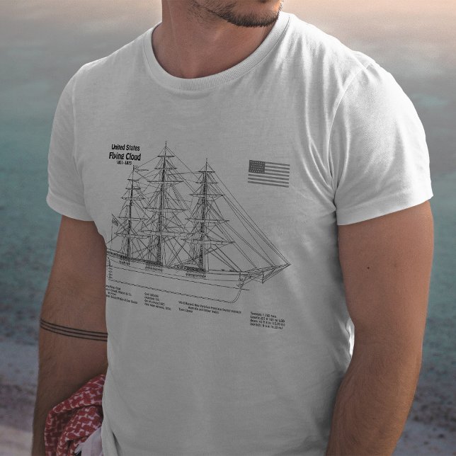 Clipper Ship Flying Cloud - Ship Blueprint SD T-Shirt (Clipper Ship Flying Cloud - Ship Blueprint SD. Men Basic White T-Shirt)