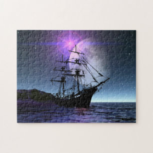 Clipper Ship in Moonlight Jigsaw Puzzle