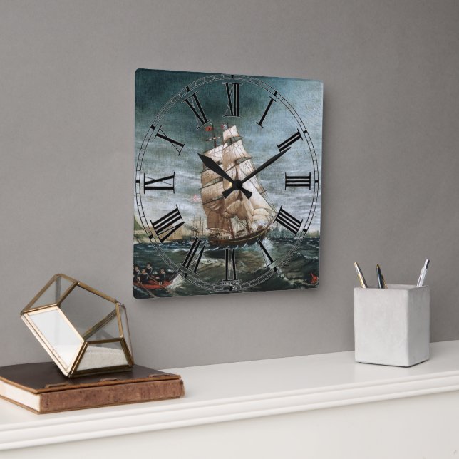 Clipper Ship in New York Harbour 1890 Square Wall Clock (Office)