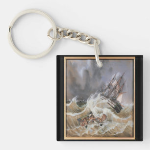 Clipper Ship Storm at Sea 1870s Key Ring