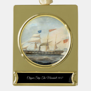 Clipper Ship the Marshall 1847 Gold Plated Banner Ornament