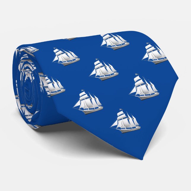 Clipper Ships On Blue Tie (Rolled)