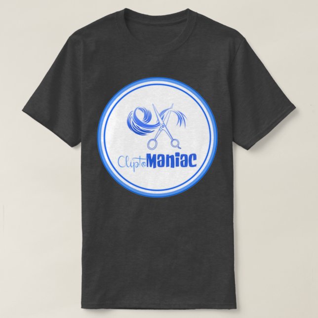 CliptoMANIAC Blue on Black T-Shirt (Design Front)