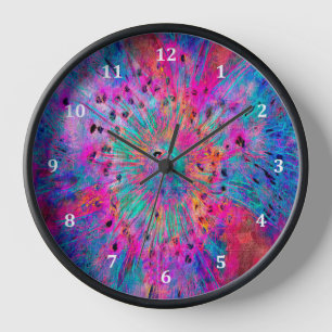 Clock Abstract Floral Design & Black Wood Frame