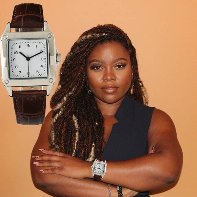 Clock Face Add Photo Art Square Leather Strap Watch (Custom Photo Logo Art Slogan Square Leather Strap Watch for women.)