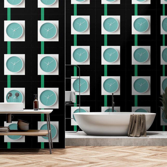 Clock Face + Green  Vertical Stripe Black   Wallpaper (Bathroom)