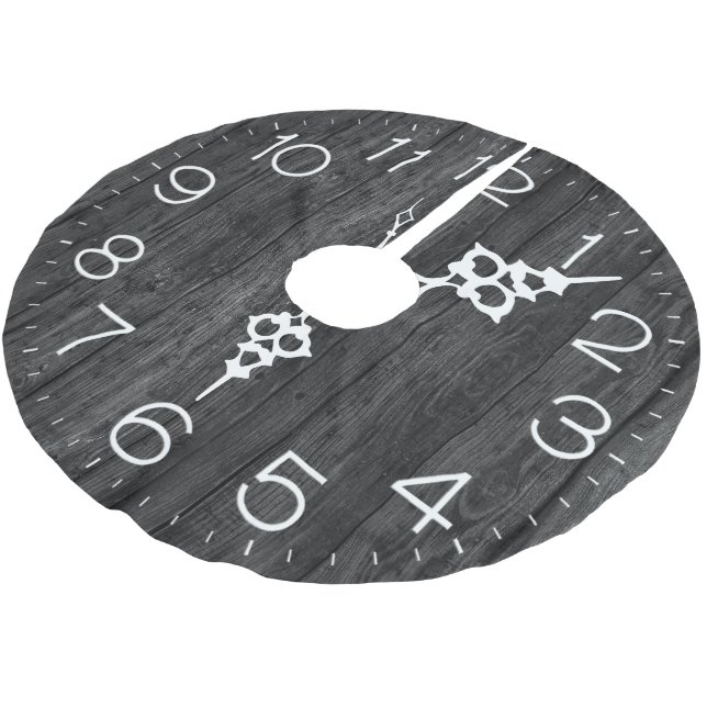Clock Face On Dark Grey Wood Brushed Polyester Tree Skirt (Angled)