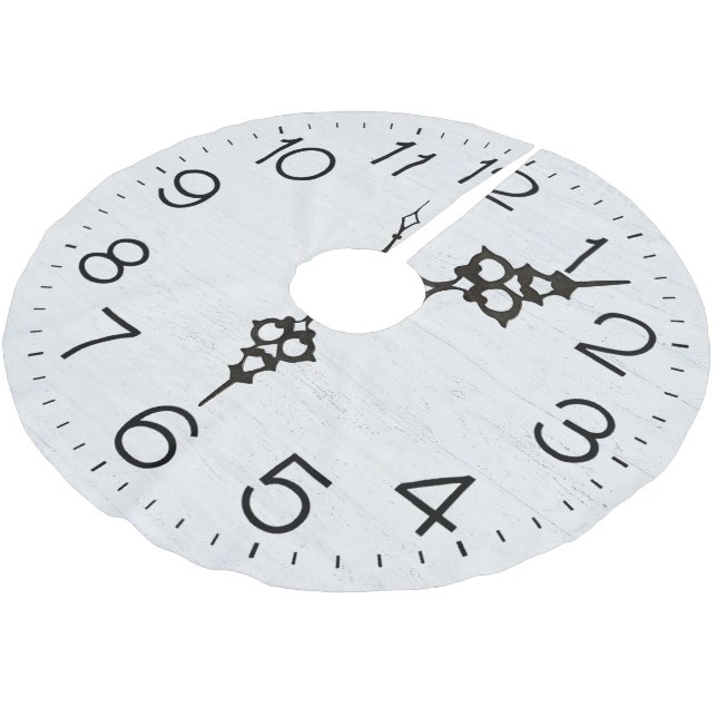 Clock Face On Whitewashed Wood Brushed Polyester Tree Skirt (Angled)