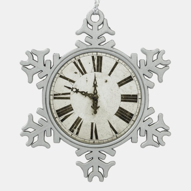 Clock Face Snowflake Pewter Christmas Ornament (Front)