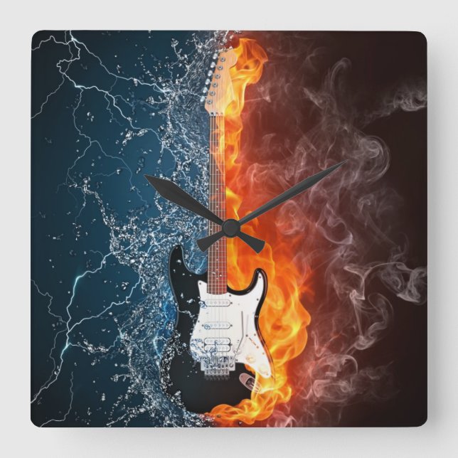 (CLOCK)FIRE & ICE GUITAR SQUARE WALL CLOCK (Front)