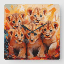 Clock - Five Lion Cubs Artwork
