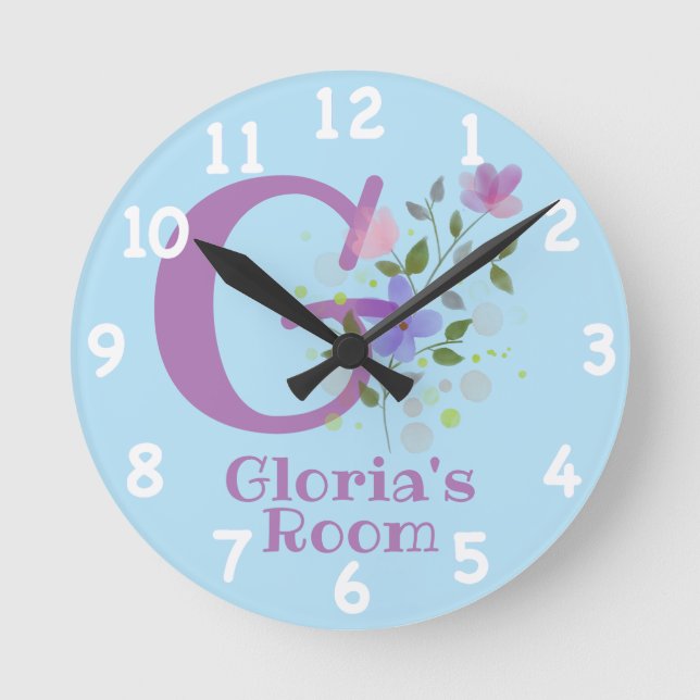 Clock in a Floral Design with Name & Initial (Front)