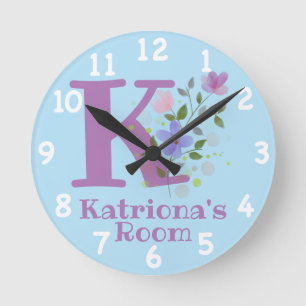 Clock in a Floral Design with Name & Initial