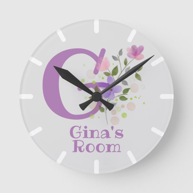 Clock in a Floral Design with Name & Initial (Front)