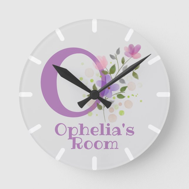 Clock in Floral Design with Name Ophelia & Initial (Front)