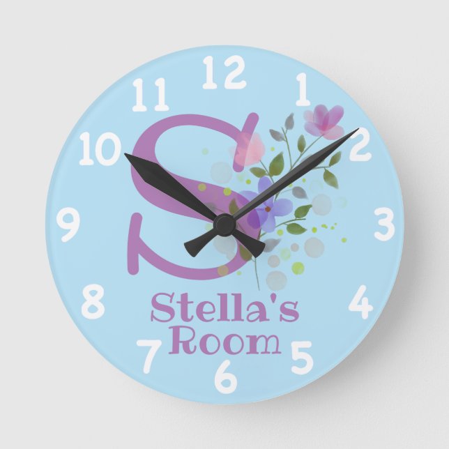 Clock in Floral Design with Name Stella & Initial (Front)
