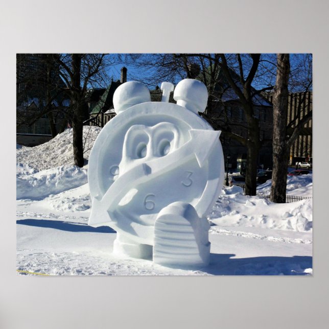 Clock Snow Sculpture, Quebec, Canada Poster (Front)