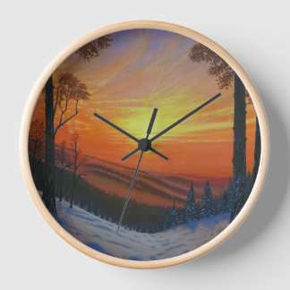 Clock - "Sunset Over Snowy Forest"