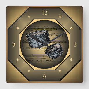 Clock-tagon ~ Snare Drums ~ Sheet Music ~ Tuscan ~ Square Wall Clock
